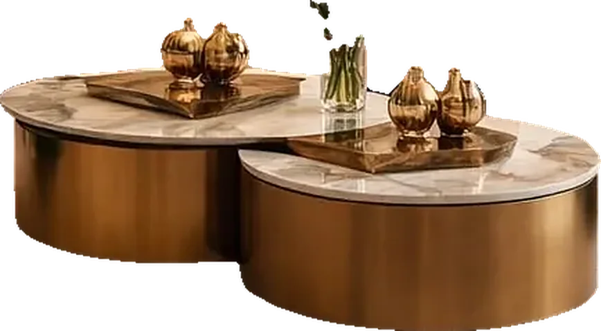 The Duet Tables: two nesting marble-topped drums in polished brass