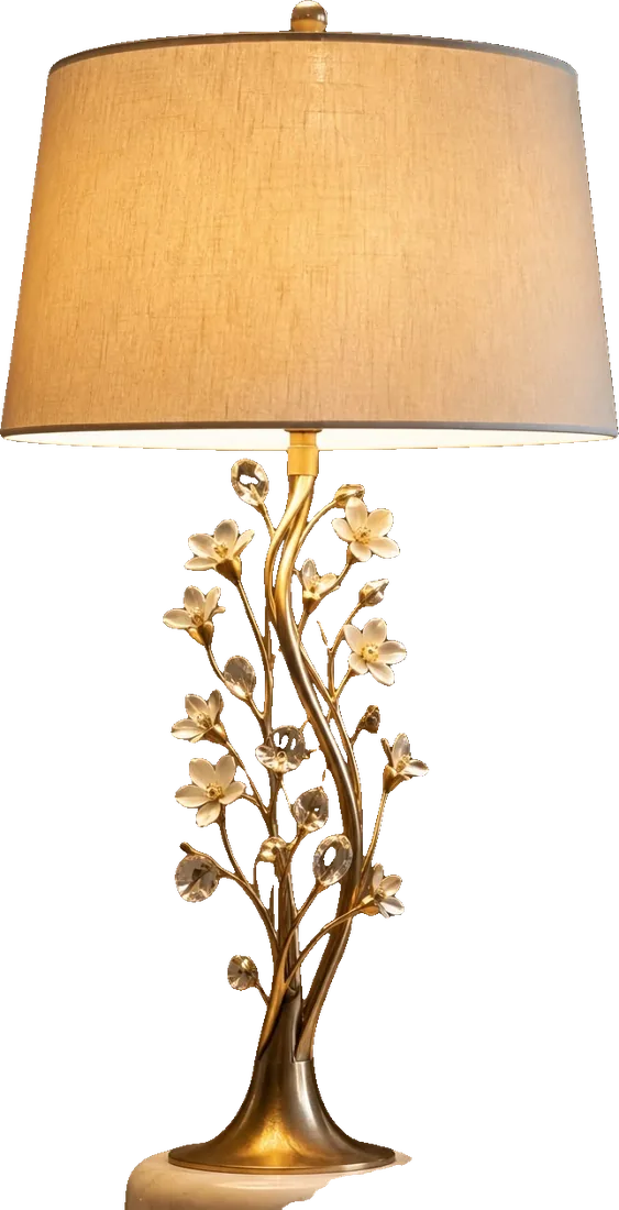 The Blossom Lamp: a brass stem of crystal flowers under a linen shade