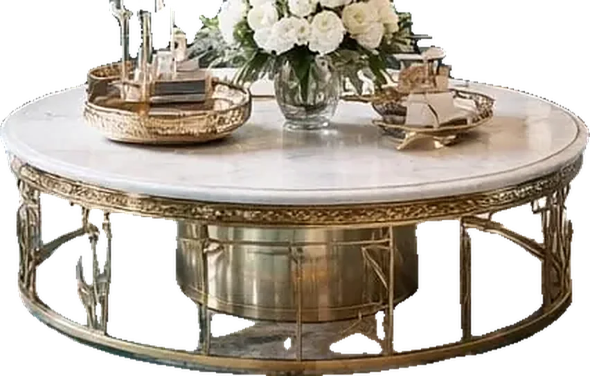 The Casa Table: round marble top on a gilded lattice base