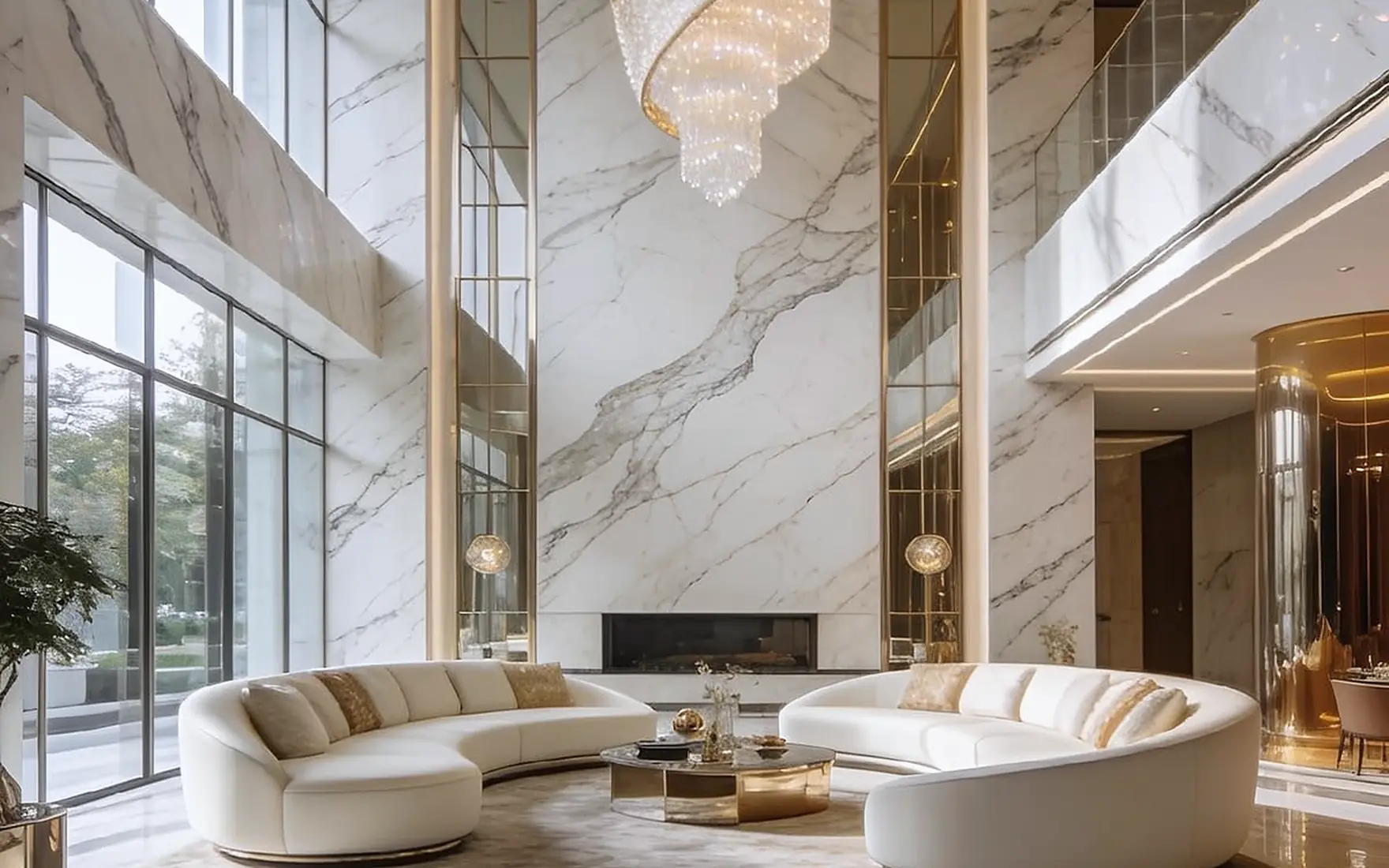 A double-height white marble atrium with a spiralling crystal chandelier above two curved ivory sofas