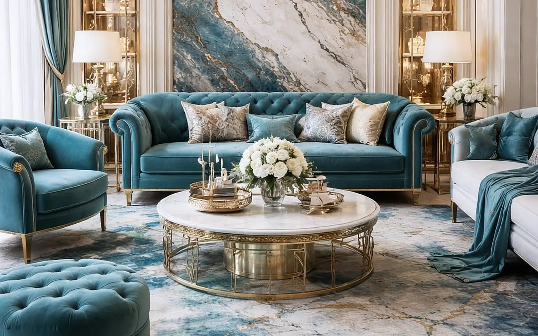 A formal salon in blue velvet beneath a crystal chandelier, with a blue marble feature wall