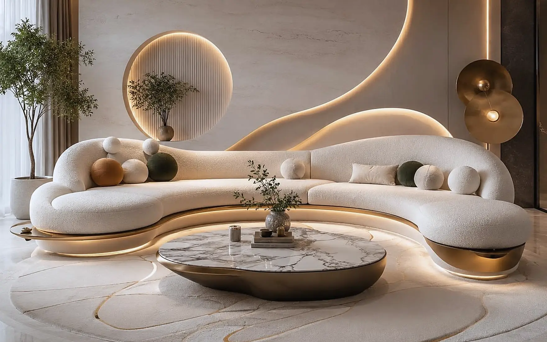 A sculpted curving bouclé sofa on a glowing brass plinth around a marble table