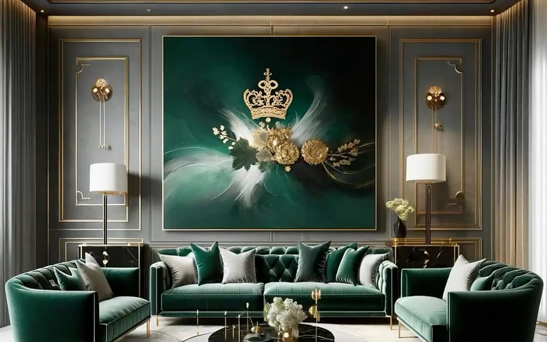 A living room of emerald velvet sofas, a black marble table and a brass sunburst chandelier