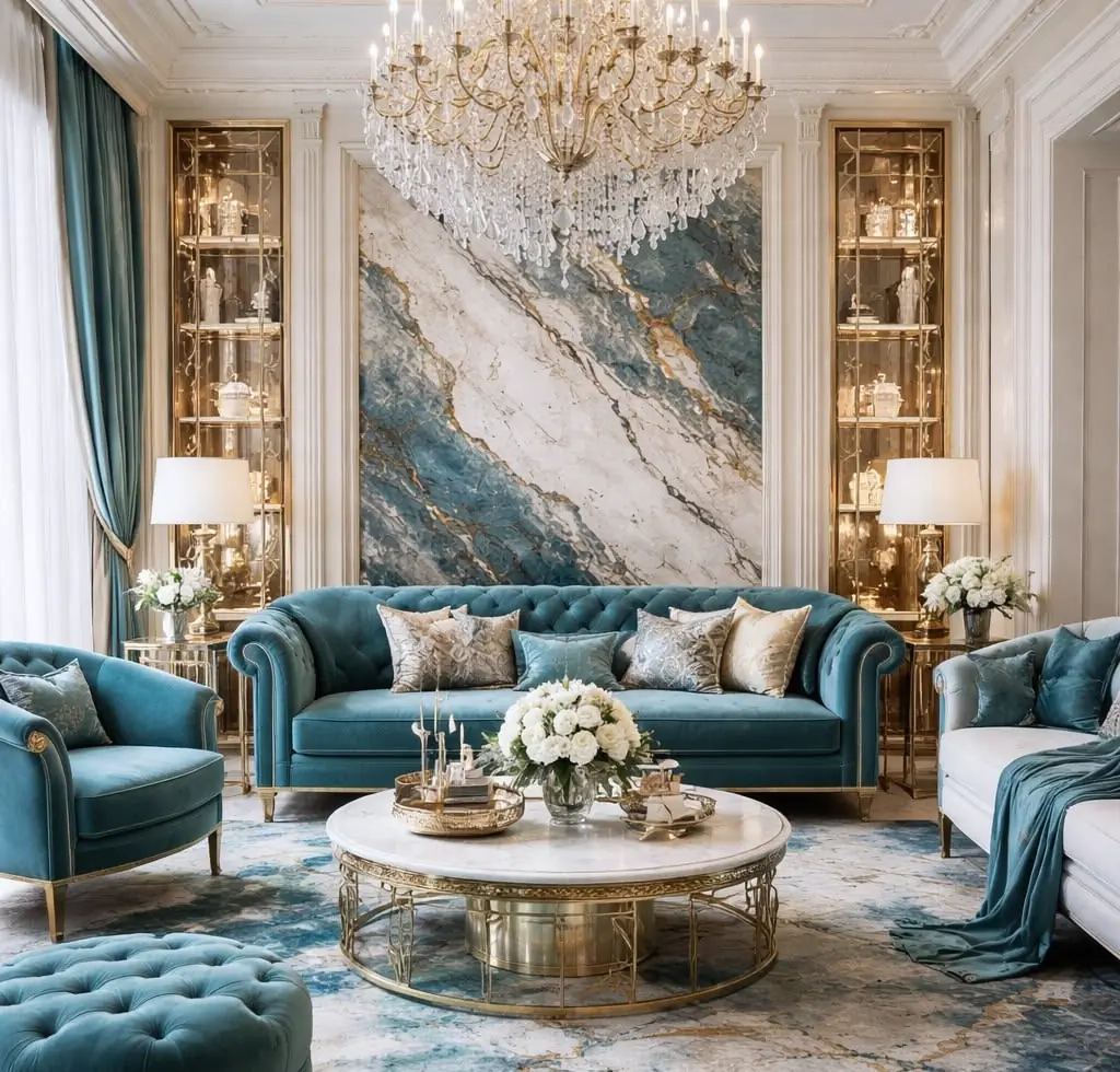 A formal salon in ivory and blue velvet under a crystal chandelier, with a blue marble feature wall